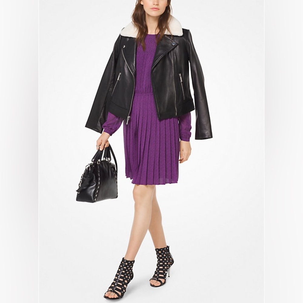 Michael Kors Leaf-Print Pleated Georgette Dress